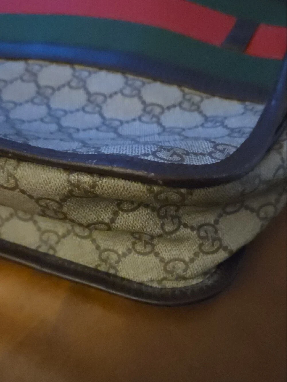 Gucci Brown Leather Authentic Messenger with Green-Red Web Stripe and GG Canvas